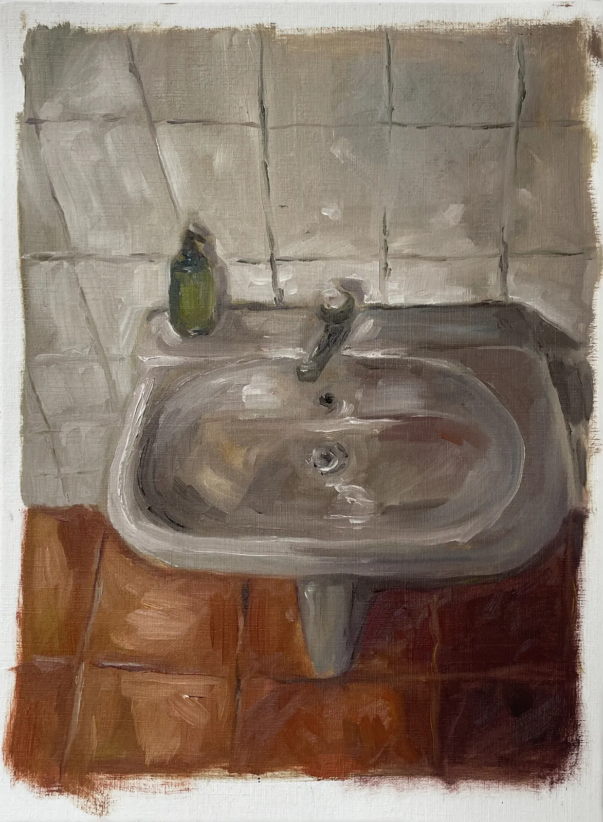 Alice Dote, selected painting of a bathroom sink and tiled wall by CASCA Archive artist, approved editorial image
