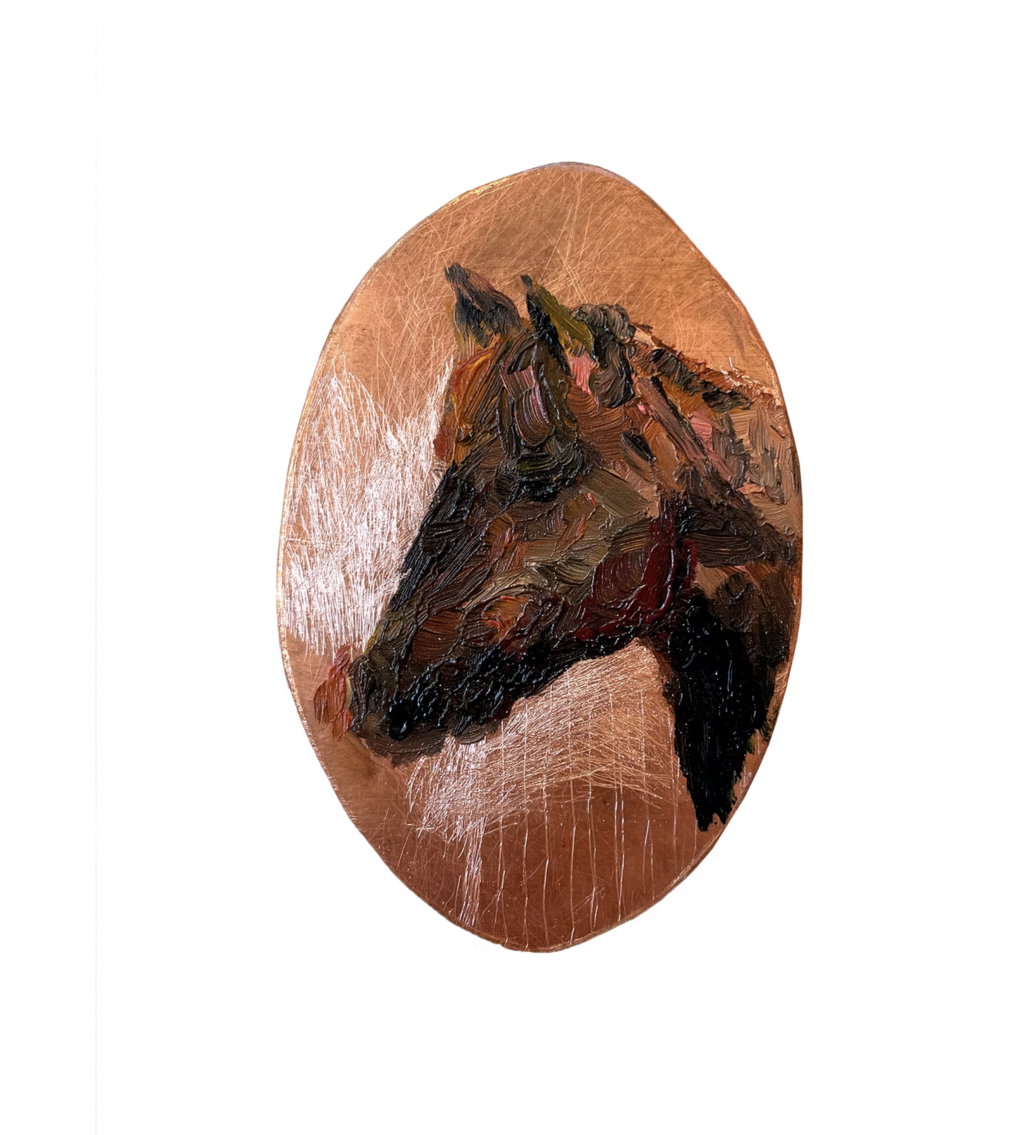 Alice Dote, selected oil painting of a horse head on an oval copper support by CASCA Archive artist, approved editorial image