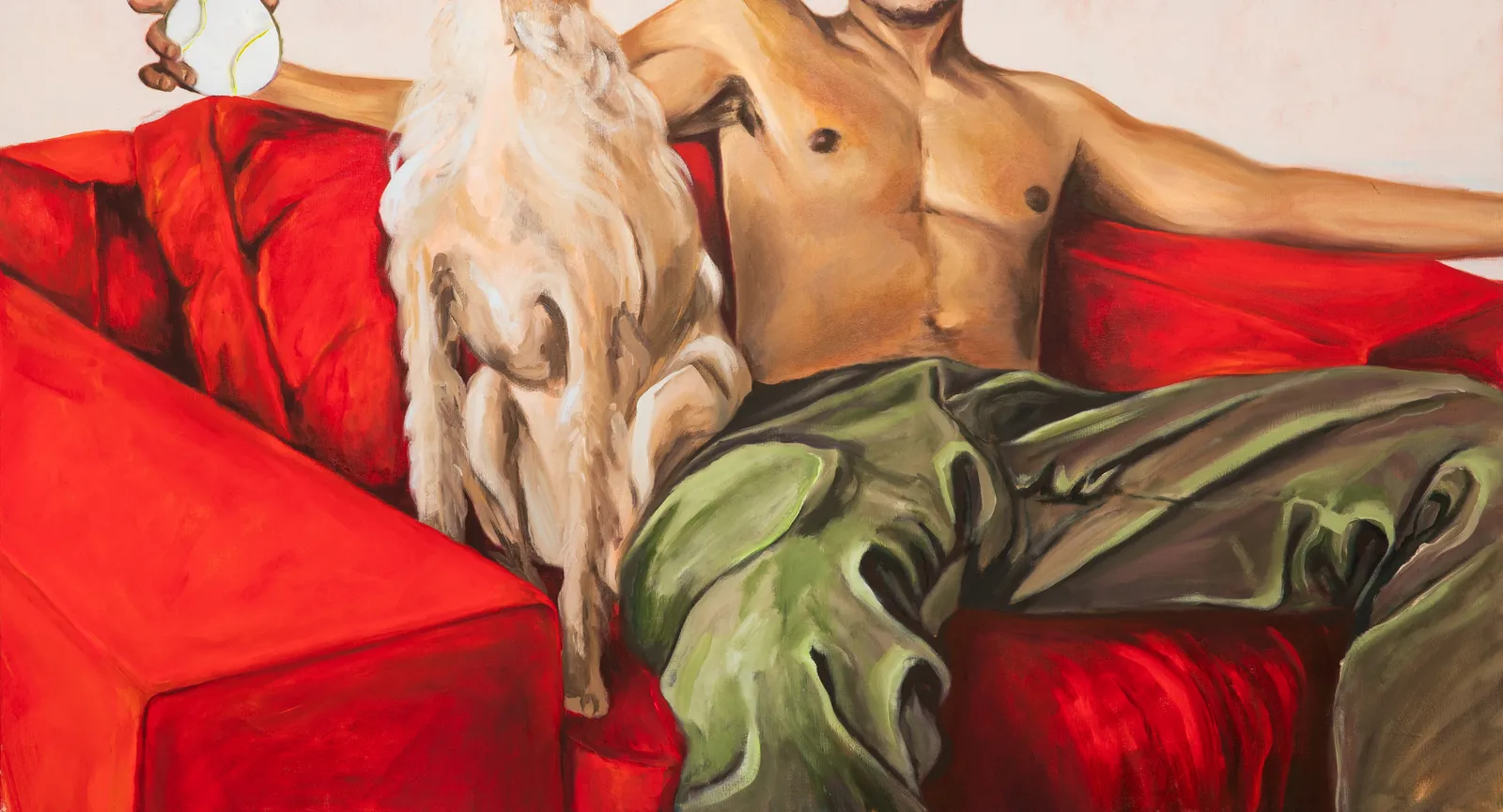 Alice Dote, selected work with reclining figure, dog, red sofa, and green trousers by CASCA Archive artist, approved editorial image