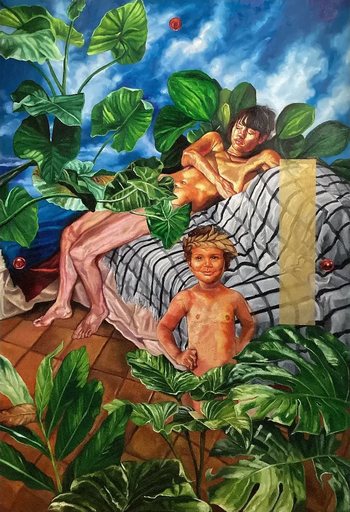 Anderson Santos artwork, figures among large plants, image 2 by CASCA Archive artist, approved editorial image