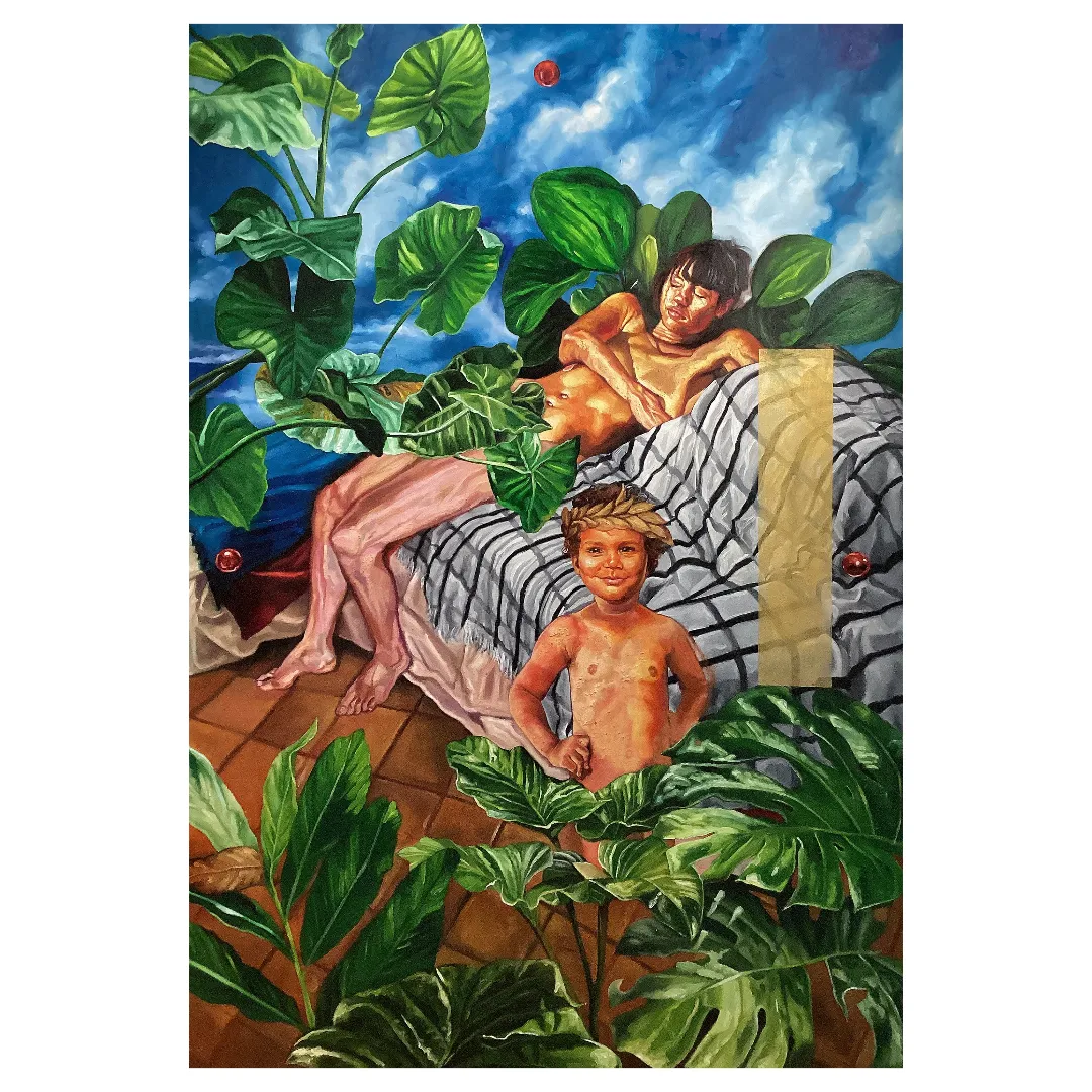 Anderson Santos artwork, figures among large plants, image 2 by CASCA Archive artist, approved editorial image