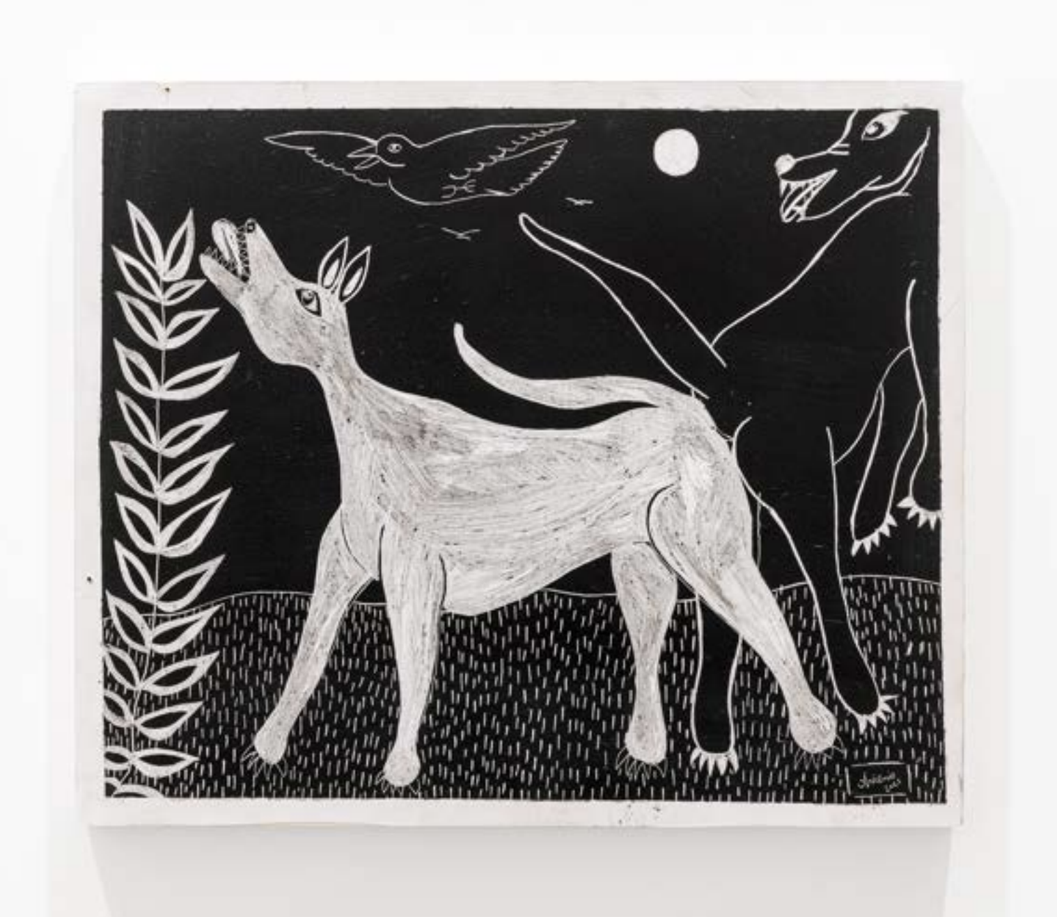 Arivânio Alves, selected black-and-white work with two dogs, bird, moon, and vegetation by CASCA Archive artist, approved editorial image