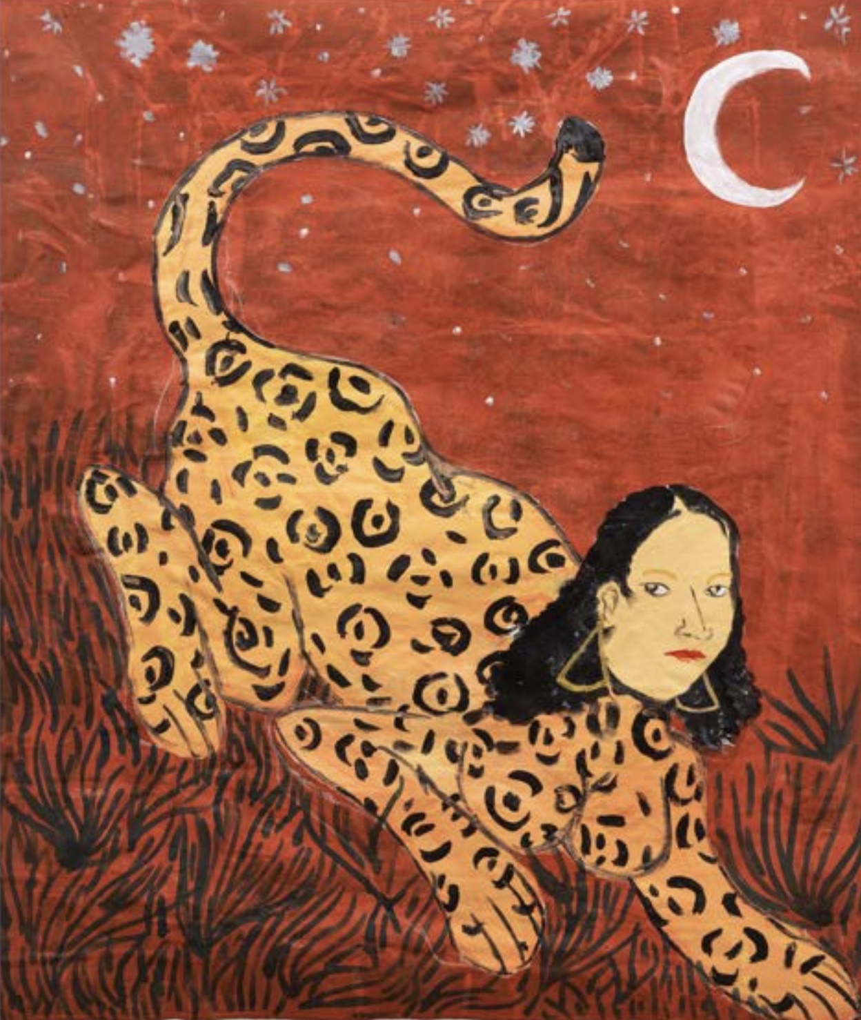 Arivânio Alves, selected work with hybrid woman-jaguar beneath a crescent moon by CASCA Archive artist, approved editorial image