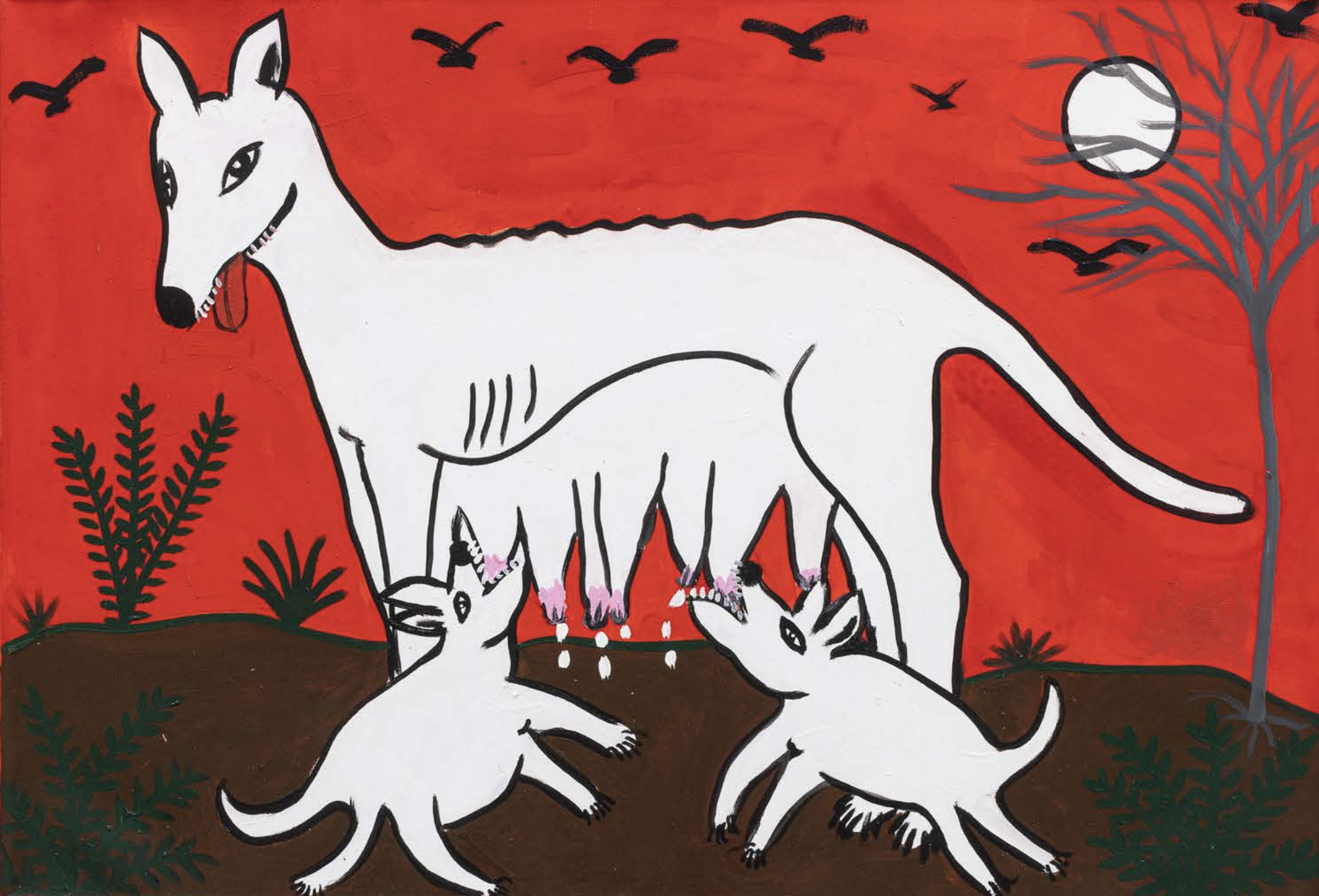 Arivânio Alves, selected work with nursing dog, puppies, birds, moon, and vegetation by CASCA Archive artist, approved editorial image