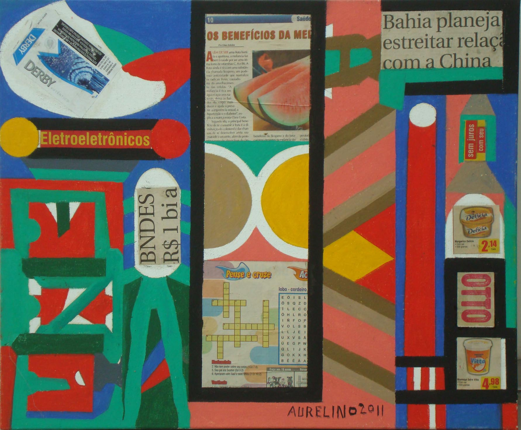 Aurelino dos Santos, selected 2011 work with newspaper fragments and geometric color fields by CASCA Archive artist, approved editorial image