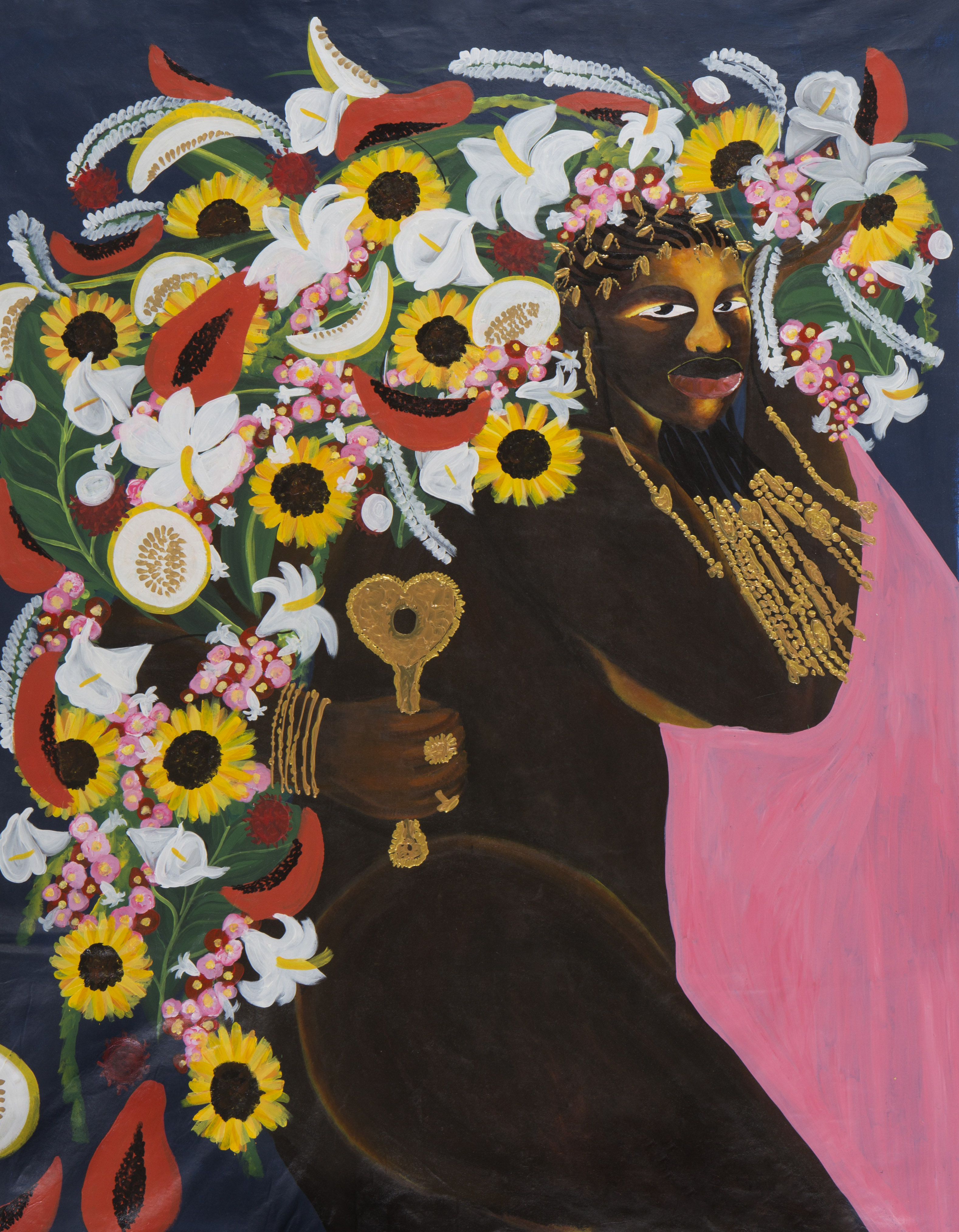 Bernardo Conceicao artwork, figure with floral mantle and gold adornments, image 6 by CASCA Archive artist, approved editorial image