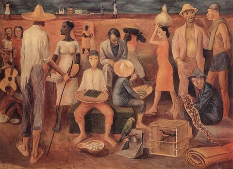 Œuvre de Carybé - Scène de marché de Bahia avec musiciens et vendeurs par l'artiste des Archives CASCA, image éditoriale approuvée