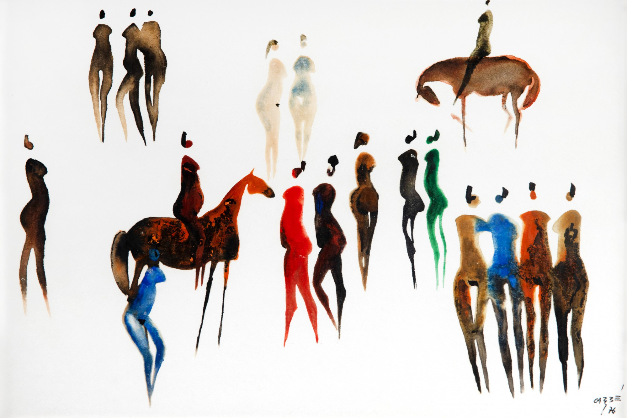 Œuvre de Carybé - Figures et cheval, composition à l'aquarelle par l'artiste des Archives CASCA, image éditoriale approuvée