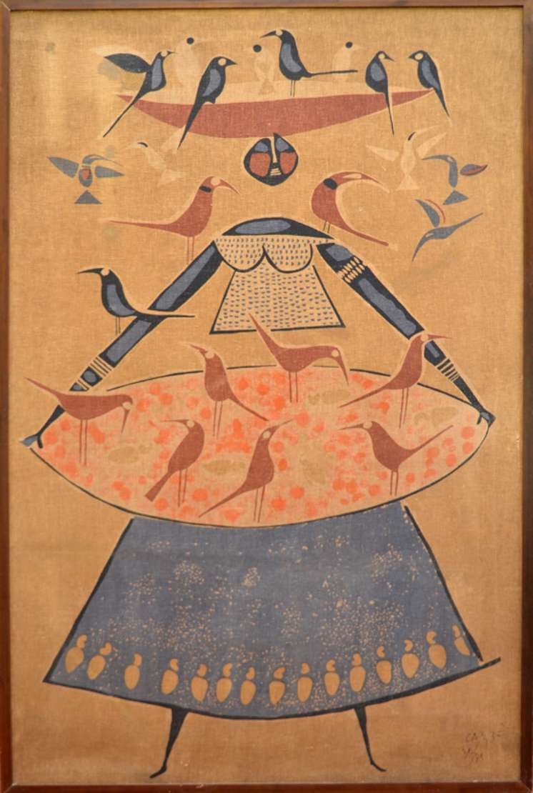 Œuvre de Carybé - Figure textile avec des oiseaux par l'artiste des Archives CASCA, image éditoriale approuvée