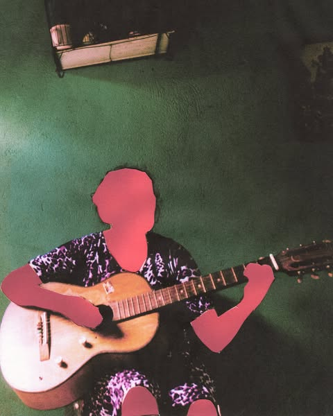 Fluxo Marginal artwork: seated guitarist with altered pink silhouette by CASCA Archive artist, approved editorial image