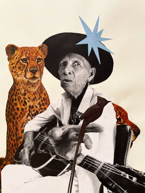 Fluxo Marginal artwork: older guitarist with jaguars and blue star by CASCA Archive artist, approved editorial image