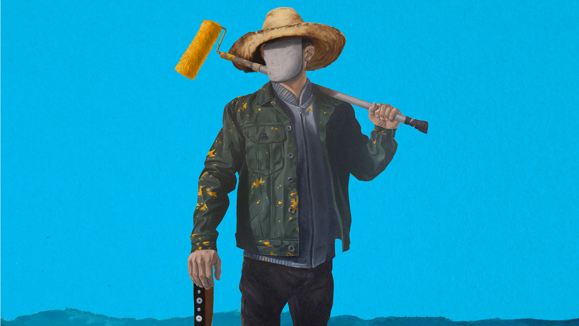 Fluxo Marginal artwork: faceless worker with paint roller, hat, and blue field by CASCA Archive artist, approved editorial image