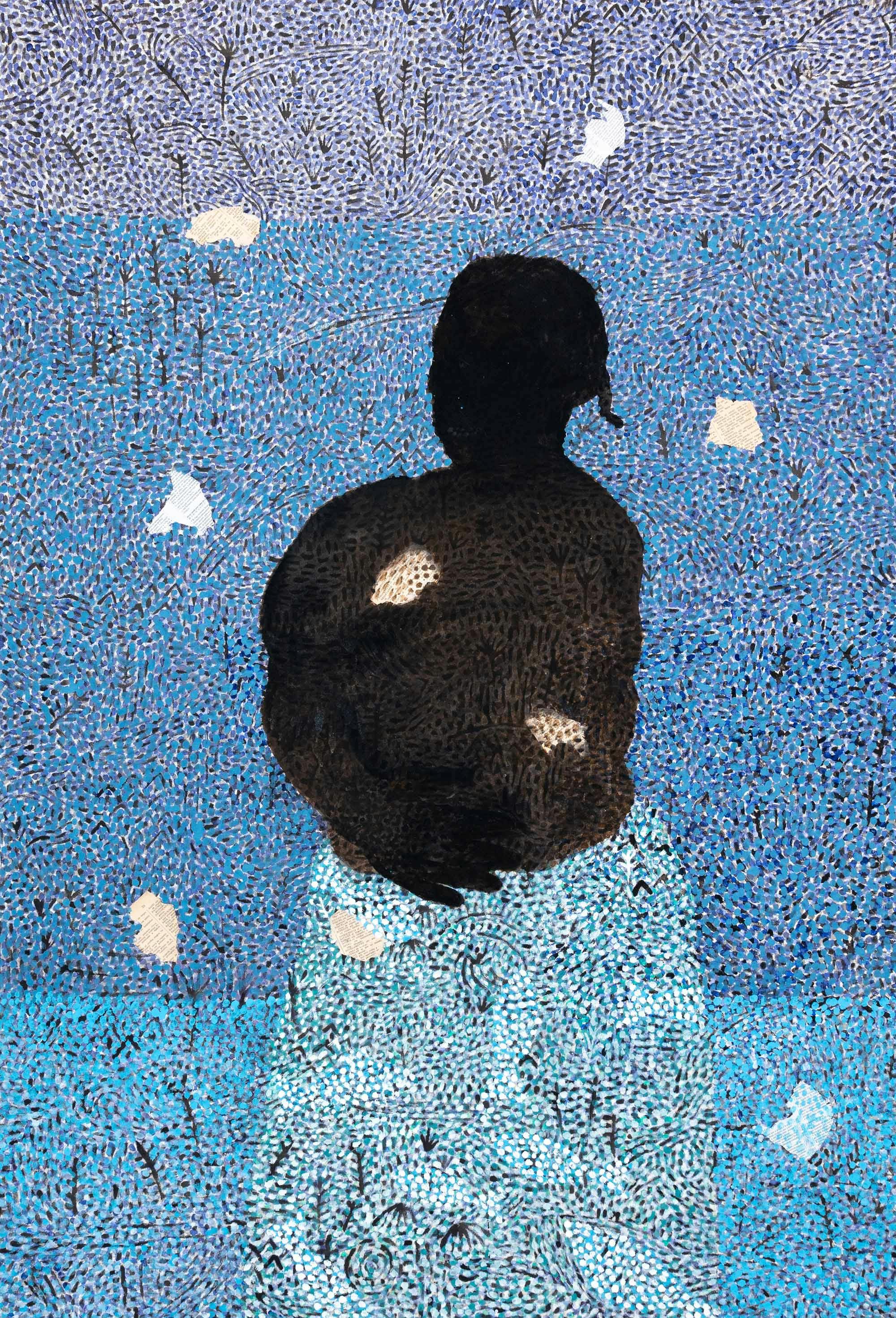 Gabriel Archanjo, selected work with seated dark figure against a blue patterned field with printed fragments by CASCA Archive artist, approved editorial image