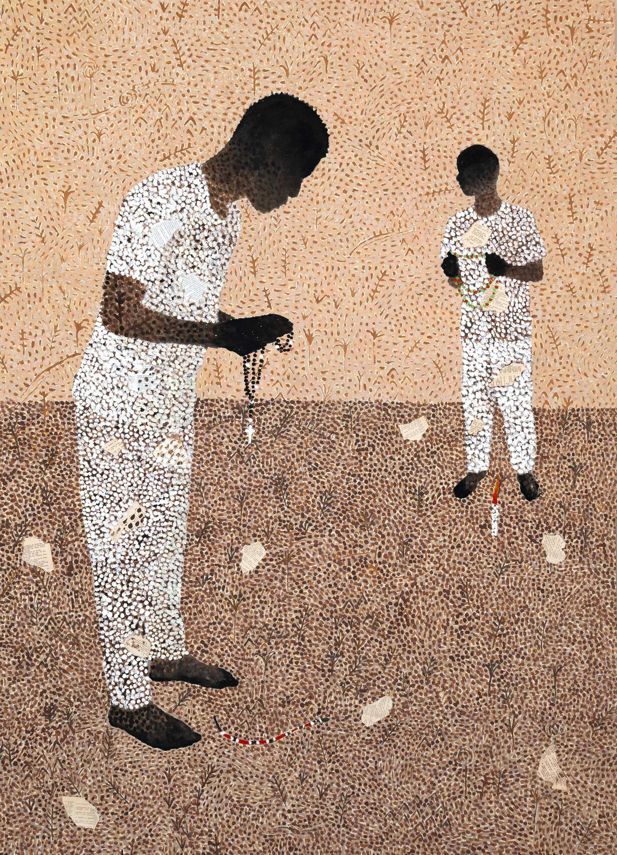 Gabriel Archanjo, selected work with standing figure and dense blue-grey field of repeated marks by CASCA Archive artist, approved editorial image