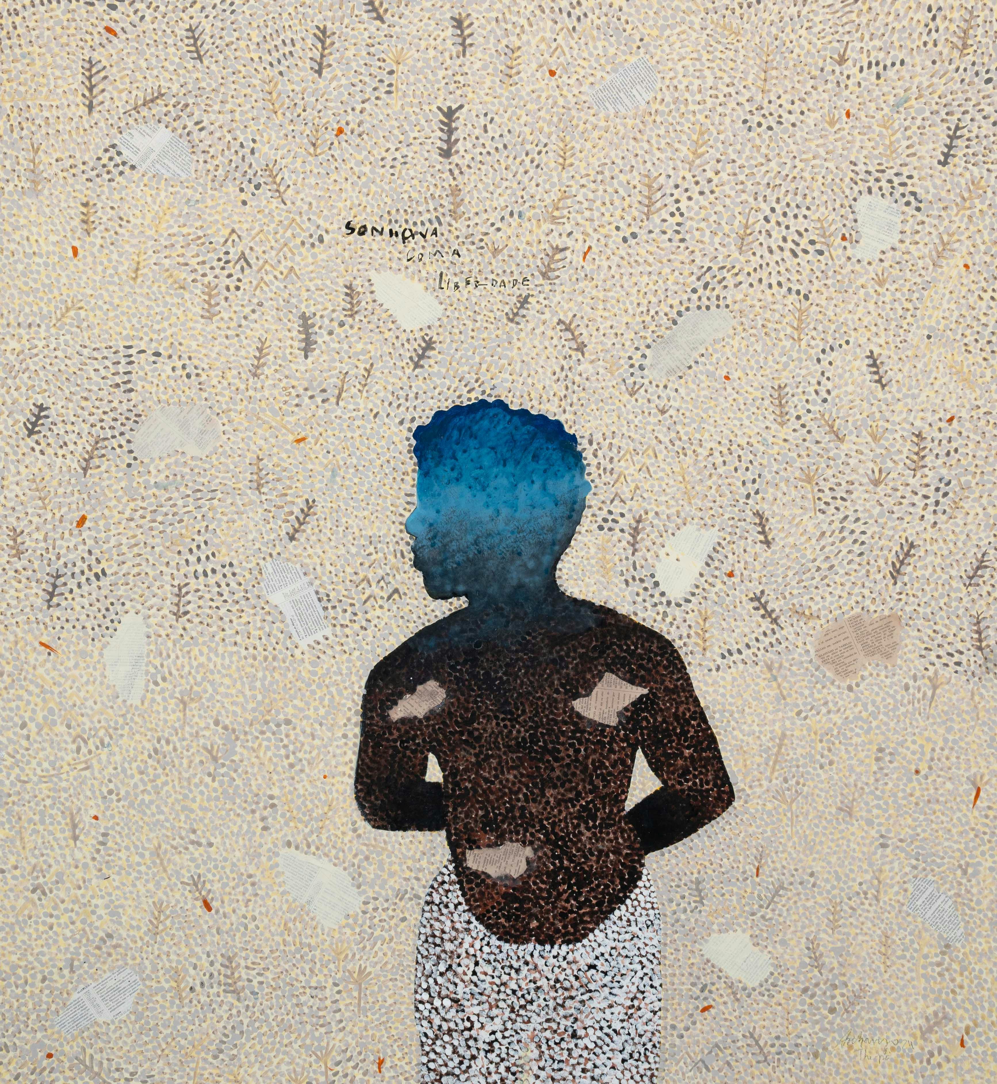 Gabriel Archanjo, selected work with side-facing figure, blue head, white patterned ground, and textual fragments by CASCA Archive artist, approved editorial image
