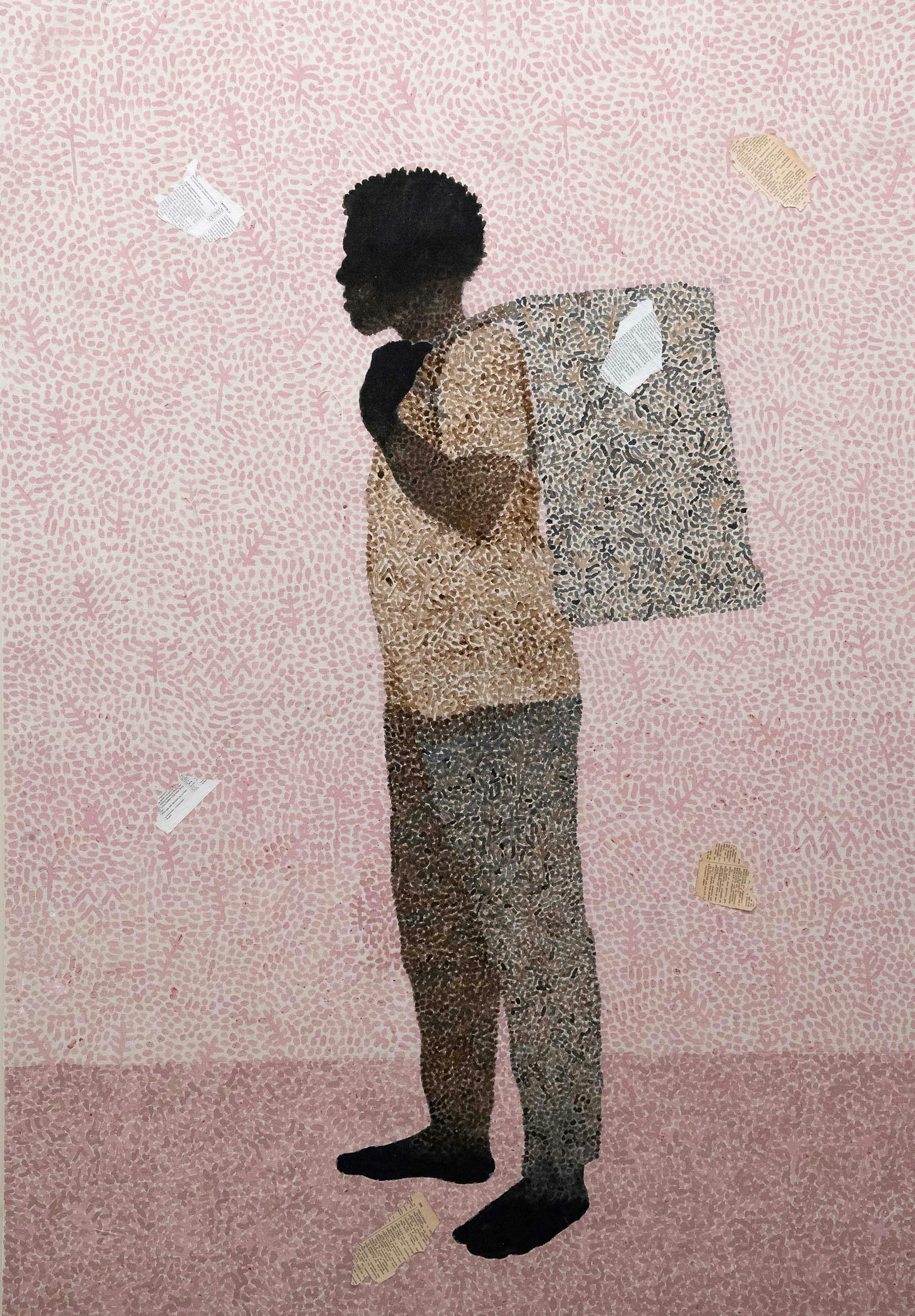 Gabriel Archanjo, selected work with seated figure and blue field of marks and paper fragments by CASCA Archive artist, approved editorial image