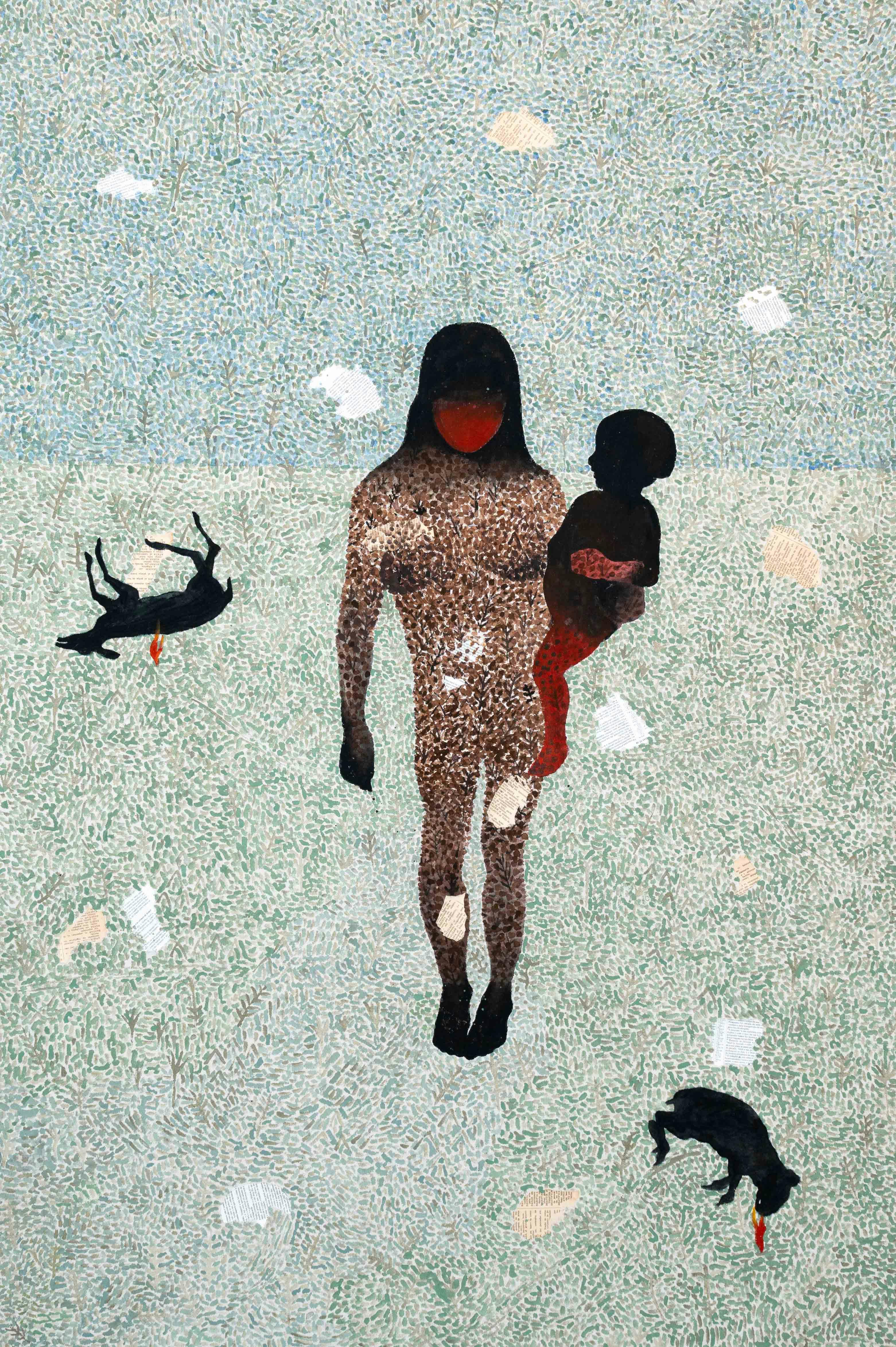 Gabriel Archanjo, selected work with standing figure holding a child against a pale green patterned field by CASCA Archive artist, approved editorial image