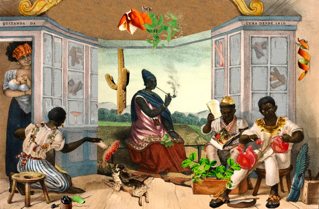 Gê Viana, selected collage with herb shop, healing room, reading figures, plants, animals, and colonial architecture by CASCA Archive artist, approved editorial image