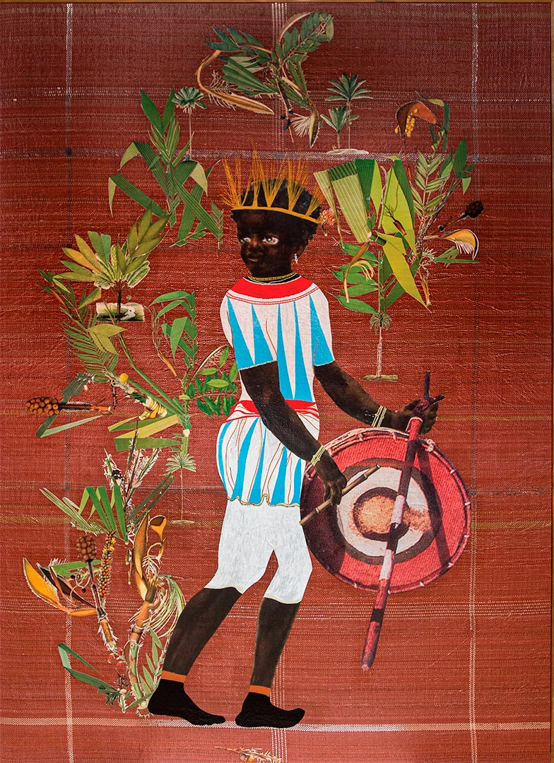 Gê Viana, selected collage with Black drummer, woven red ground, palms, birds, and botanical fragments by CASCA Archive artist, approved editorial image