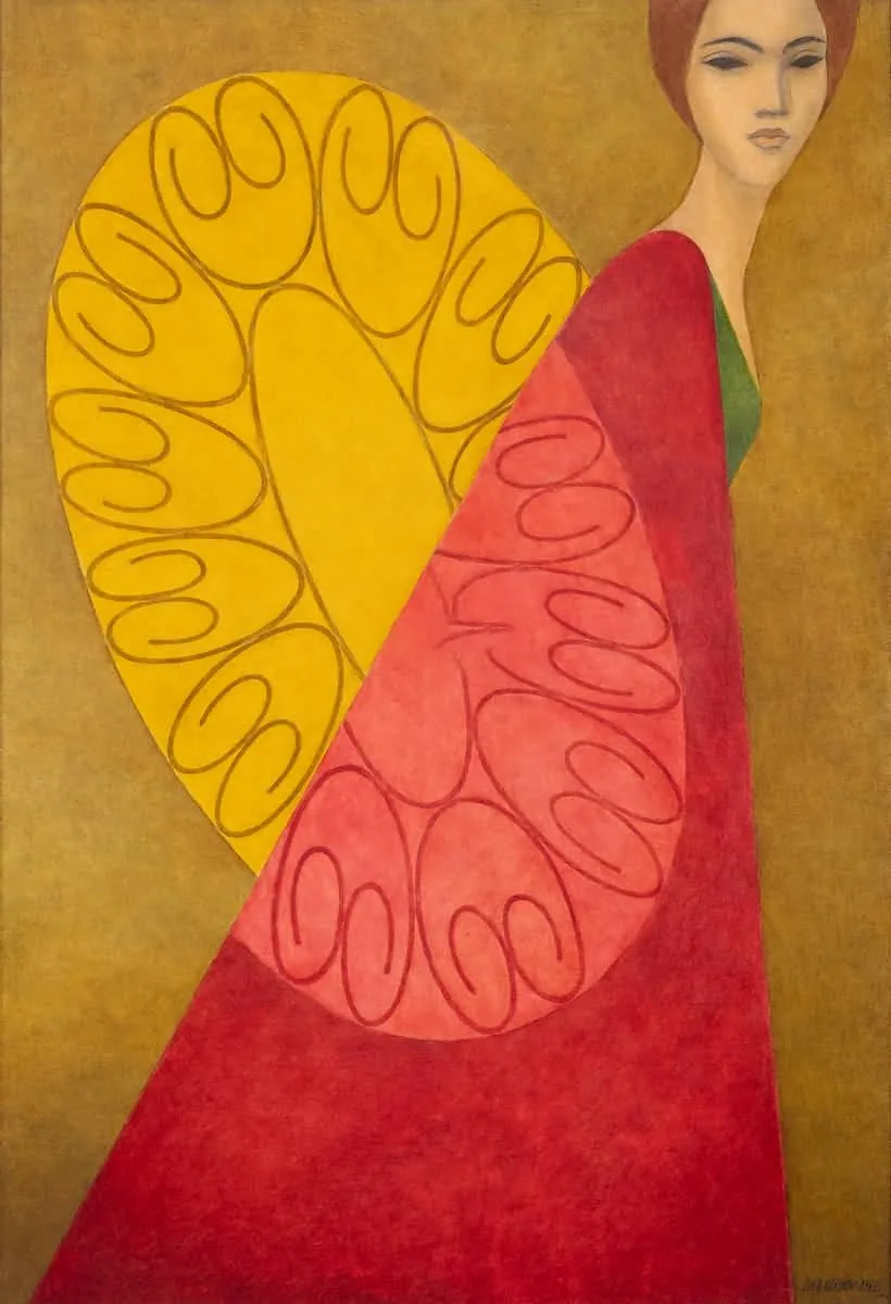 Pintura de Lula Cardoso Ayres de mulher segurando algodão junto a algodoeiros estilizados