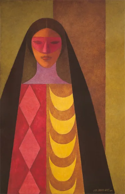 Pintura de Lula Cardoso Ayres de mulher em vermelho com formas ornamentais amarelas e rosas