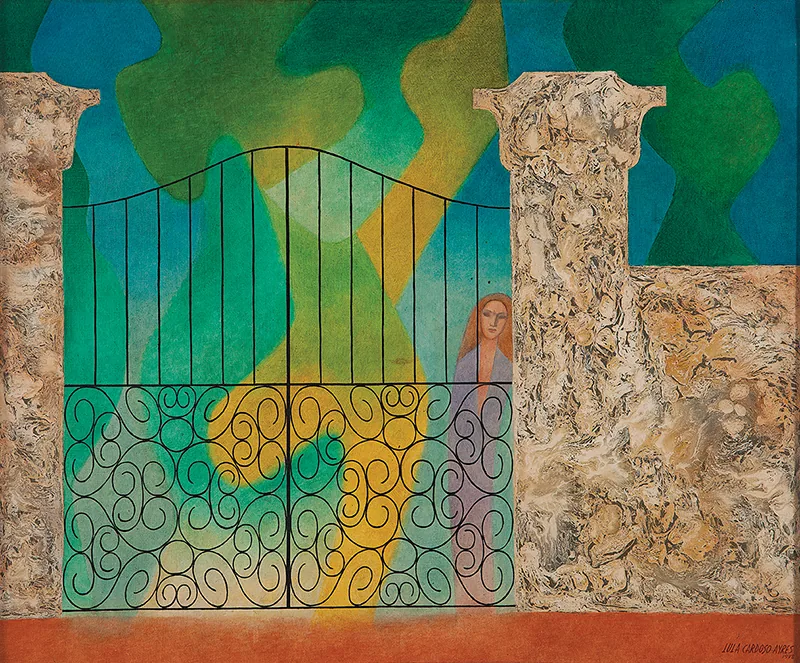 Pintura de Lula Cardoso Ayres de mulher frontal com formas ornamentais ao fundo