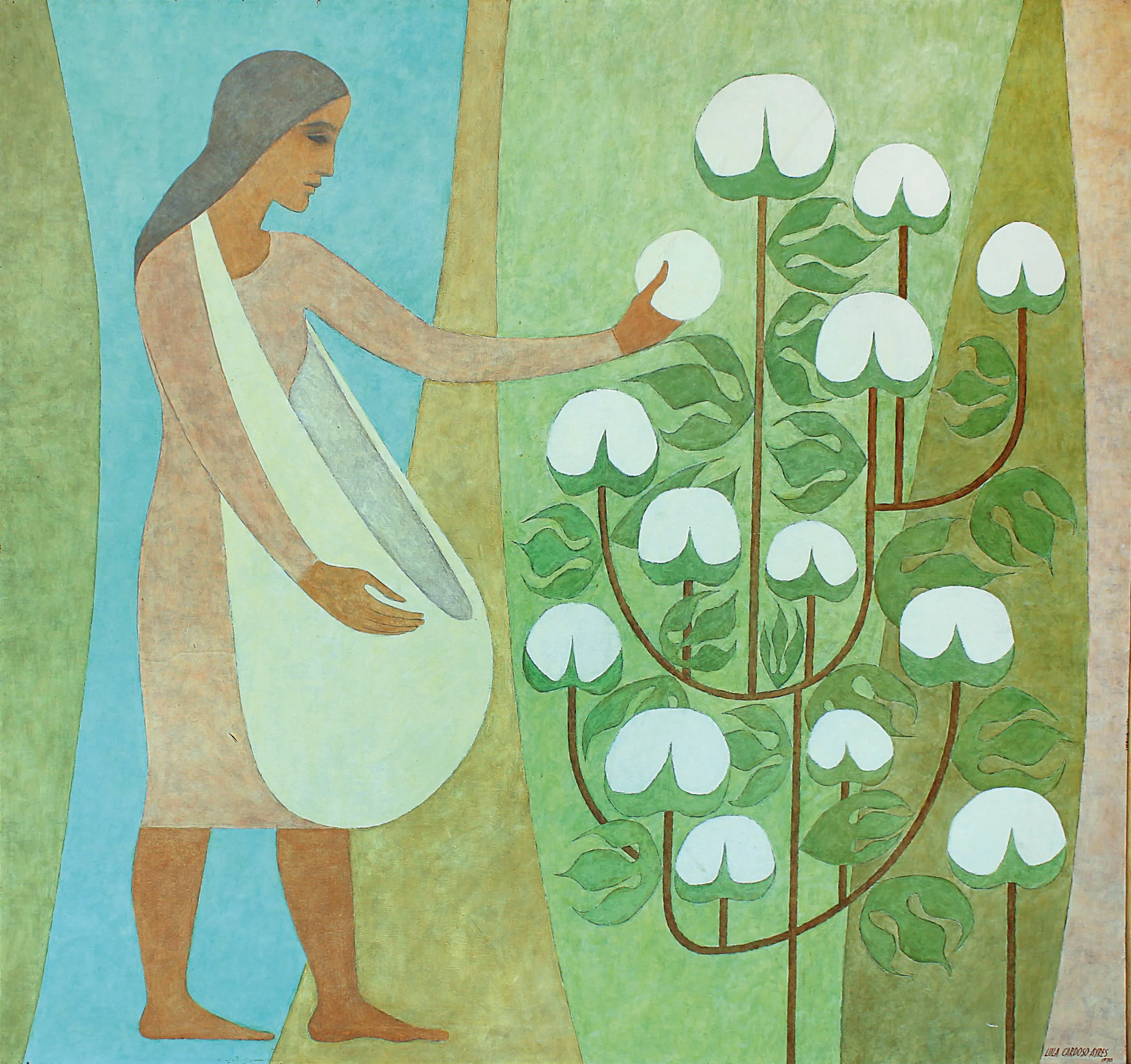 Pintura de Lula Cardoso Ayres com rosto velado verde ao lado de portão e muro