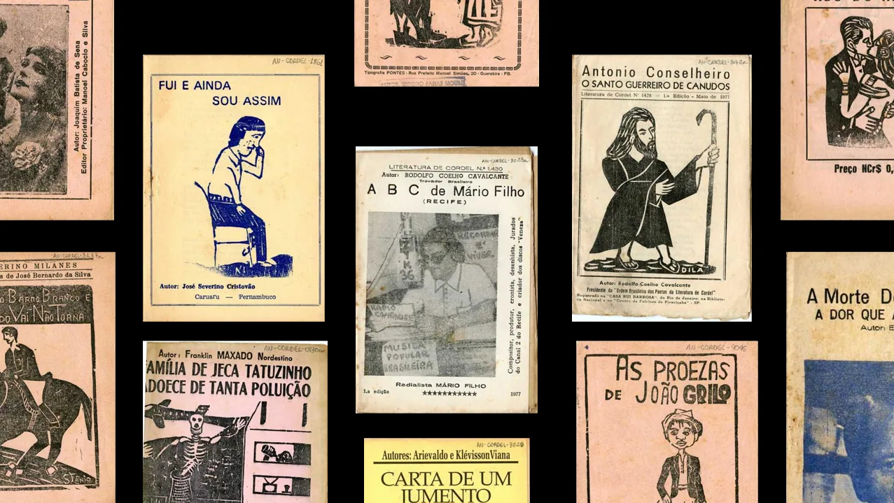 Montage of historical cordel chapbook covers from the Instituto Brincante collection