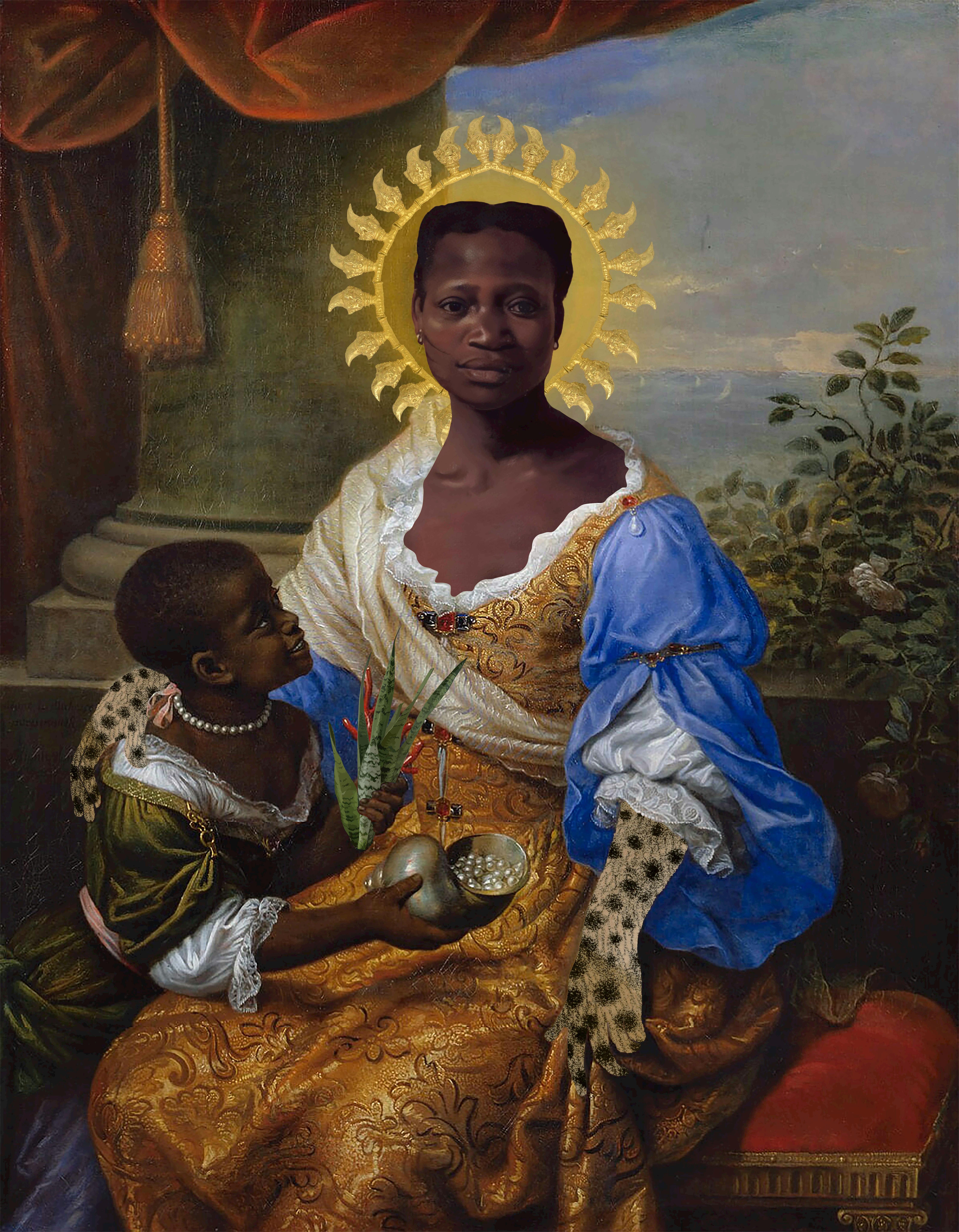 Silvana Mendes, selected work with seated Black woman and child, golden halo, plants, and colonial painting vocabulary by CASCA Archive artist, approved editorial image