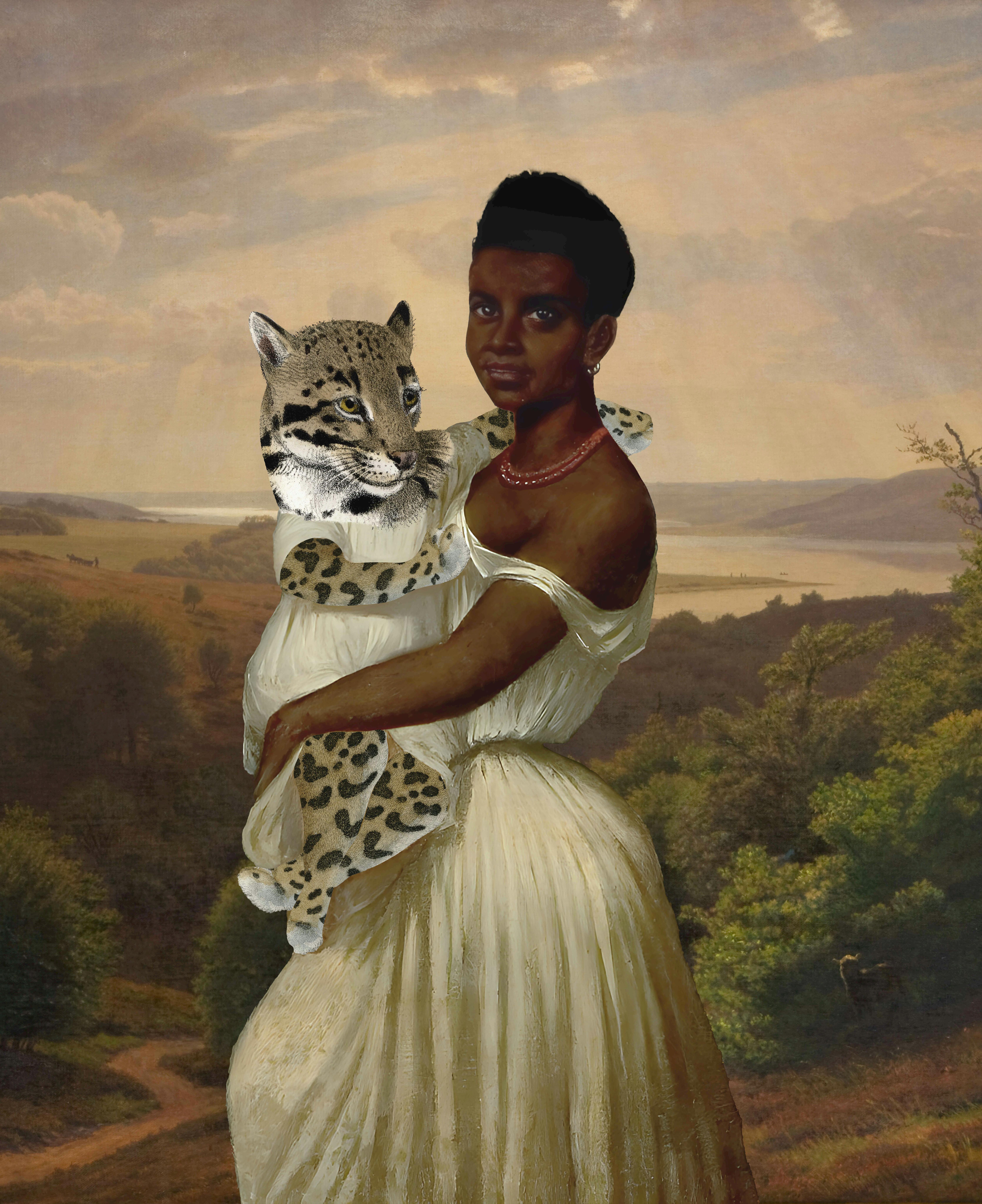 Silvana Mendes, selected work with Black woman holding a spotted animal against a broad landscape by CASCA Archive artist, approved editorial image