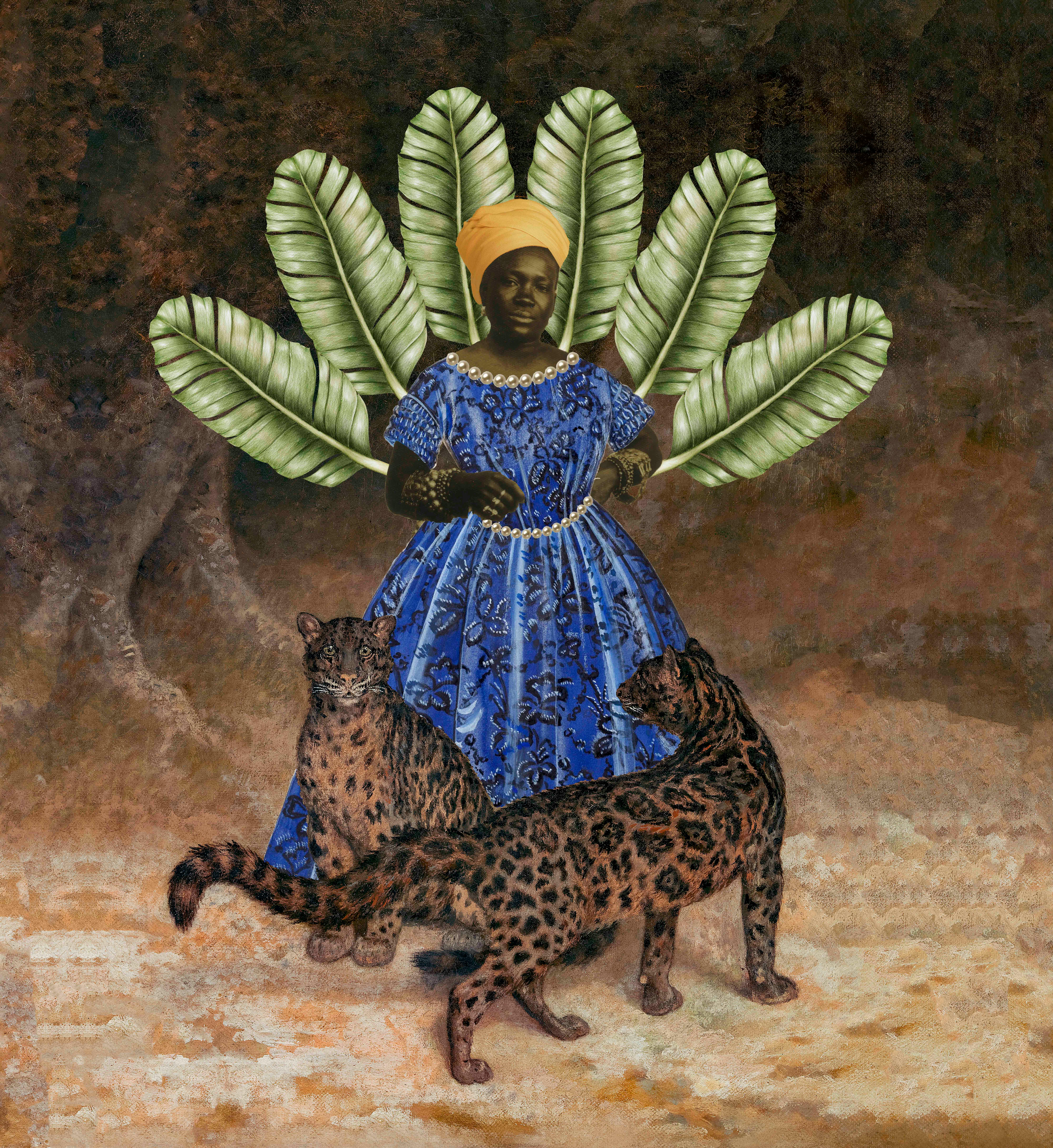 Silvana Mendes, selected work with Black woman in blue dress, large leaves, spotted cats, and painterly landscape by CASCA Archive artist, approved editorial image