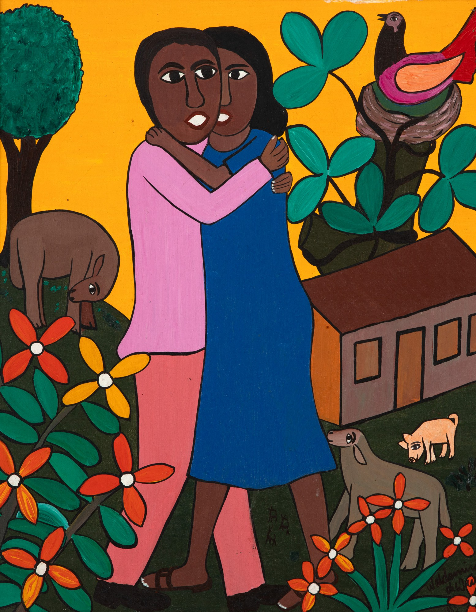 Waldomiro de Deus, selected work with embracing figures, garden, animals, and house by CASCA Archive artist, approved editorial image