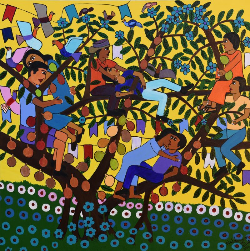 Waldomiro de Deus, selected work with figures gathered in a fruit tree by CASCA Archive artist, approved editorial image